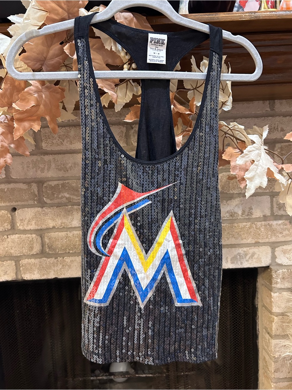PINK Victoria's Secret Black Sequin Tank with Multicolor Miami M Logo EUC